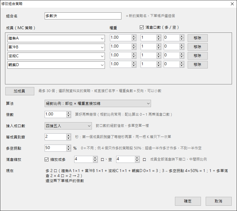 組合策略的修改視窗:成員、權重、滿倉口數、算法、倍數、多空拐點、滿倉縮放與即時試算
