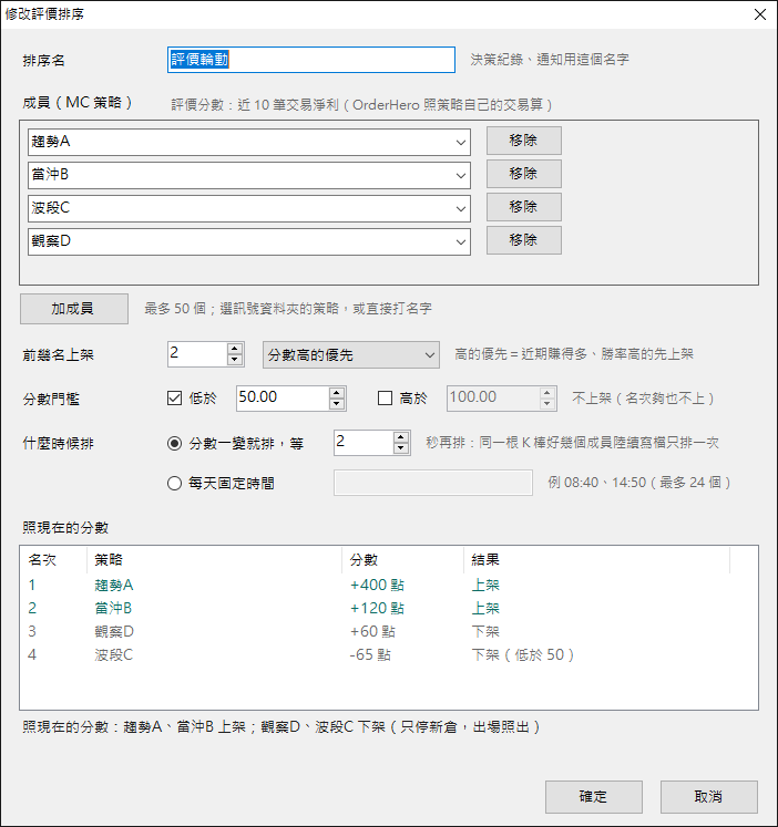 評價排序的修改視窗:成員、前幾名、分數門檻、什麼時候排與照近 10 筆交易淨利即時試排