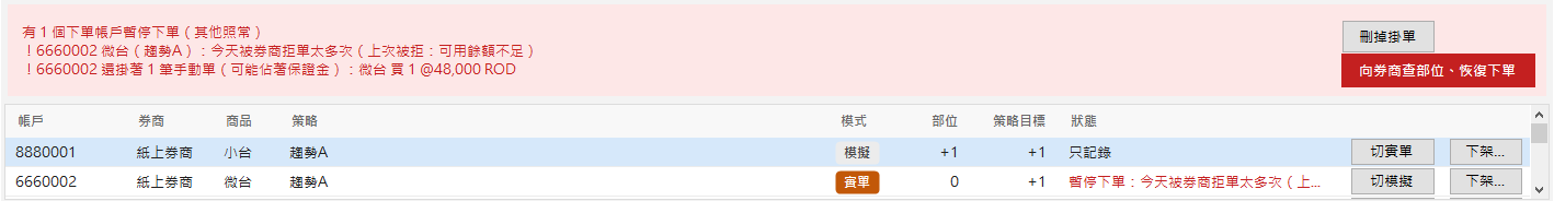 被券商拒單暫停:提示寫上次被拒的原因,列出可能佔著保證金的手動掛單,旁邊有刪掉掛單